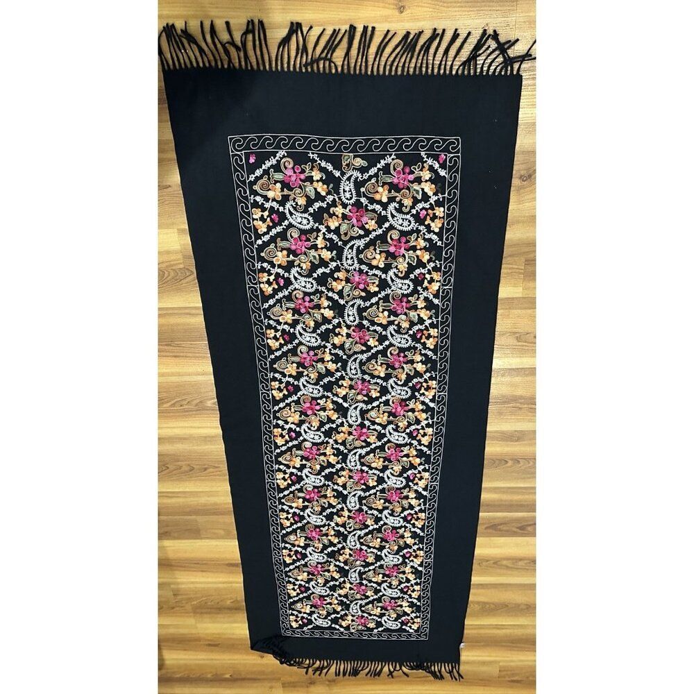 28x78” Embroidered Fringe Scarf Floral Boho Rectangle Wool Blend